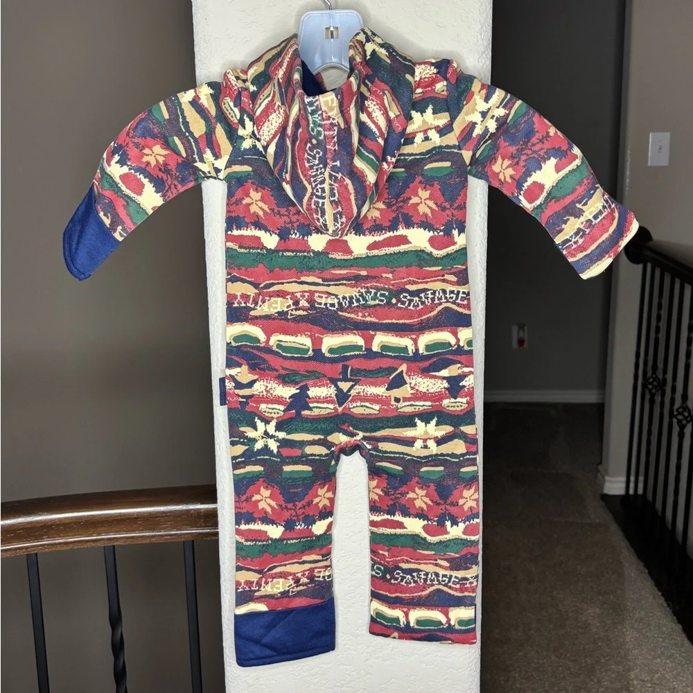 Forever Savage Hooded Baby Onesie in Red Cognac Cabin Cutie Print Size 6-9M